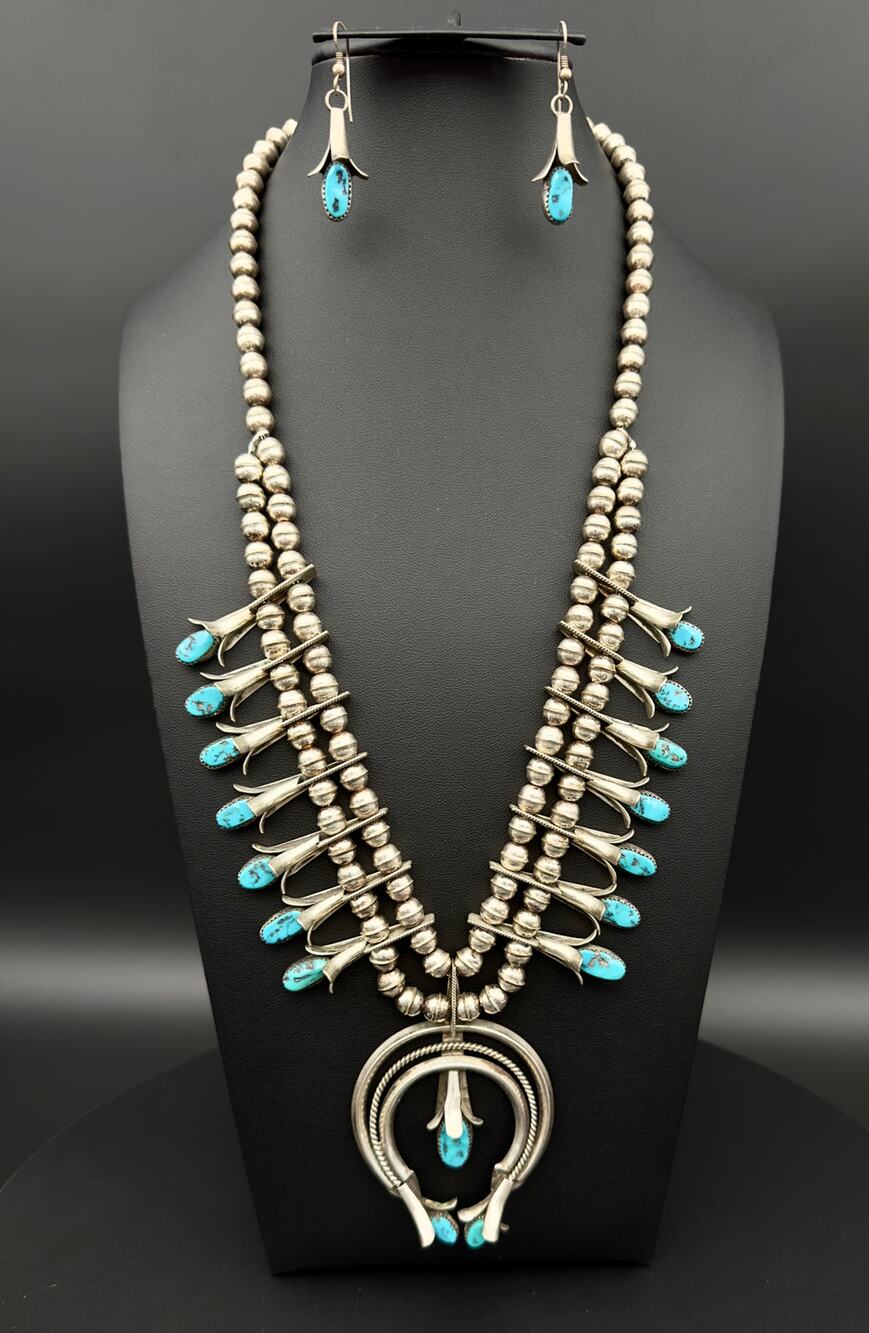 Authentic Doris Smallcanyon Squash Blossom Necklace and earrings, Navajo